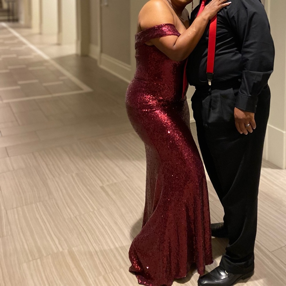 Sequined Wine Color Floor Length Mermaid Gown